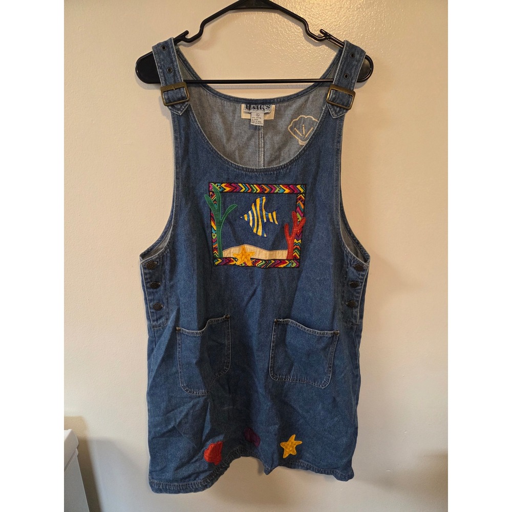 Vintage Haiks Denim Jumper Dress XL Embroidered Fish Sea Shells 90s Pinafore